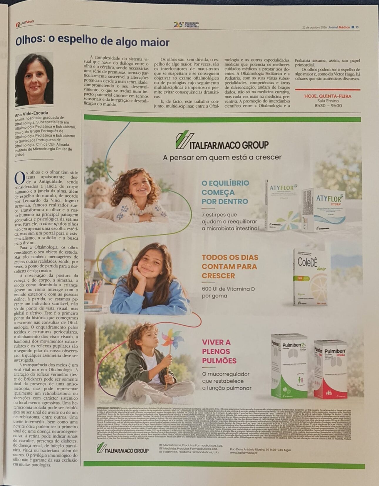 Página 15 do Jornal Médico de 22 de outubro de 2026, edição especial do 26.º Congresso Nacional de Pediatria, com o artigo «Olhos: o espelho de algo maior», de Ana Vide-Escada