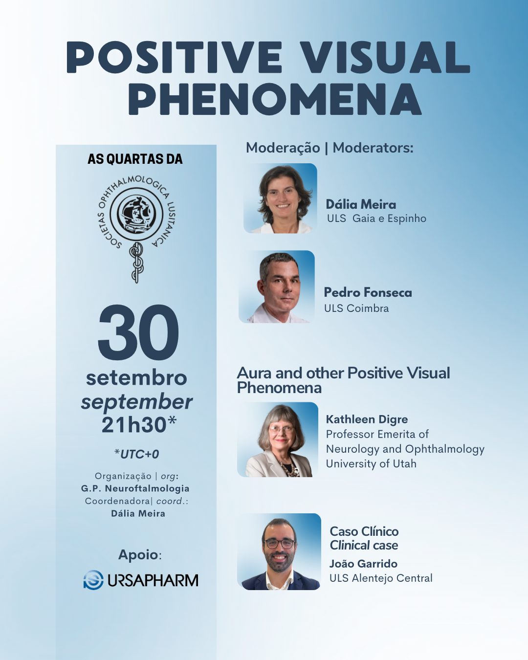 Positive Visual Phenomena — moderação, oradora convidada e caso clínico do webinar de 30 de setembro de 2026